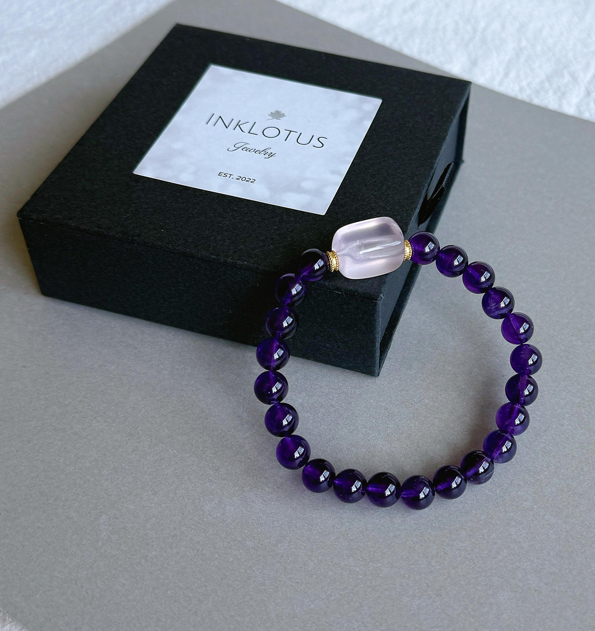 Natural Amethyst & Rose Quartz Bracelet – 7.5 mm Deep Purple Gemstone Beads, Sterling Silver Accents, February Birthstone Jewelry