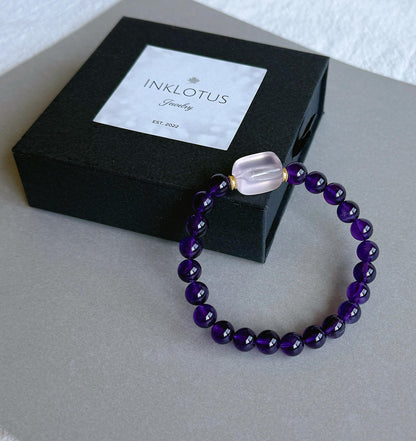 Natural Amethyst & Rose Quartz Bracelet – 7.5 mm Deep Purple Gemstone Beads, Sterling Silver Accents, February Birthstone Jewelry