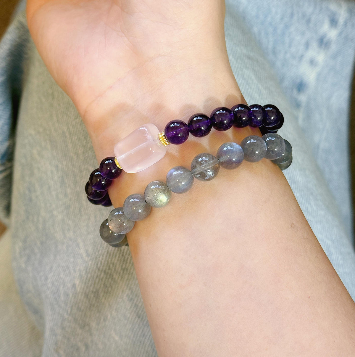 Natural Amethyst & Rose Quartz Bracelet – 7.5 mm Deep Purple Gemstone Beads, Sterling Silver Accents, February Birthstone Jewelry