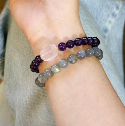 Natural Amethyst & Rose Quartz Bracelet – 7.5 mm Deep Purple Gemstone Beads, Sterling Silver Accents, February Birthstone Jewelry