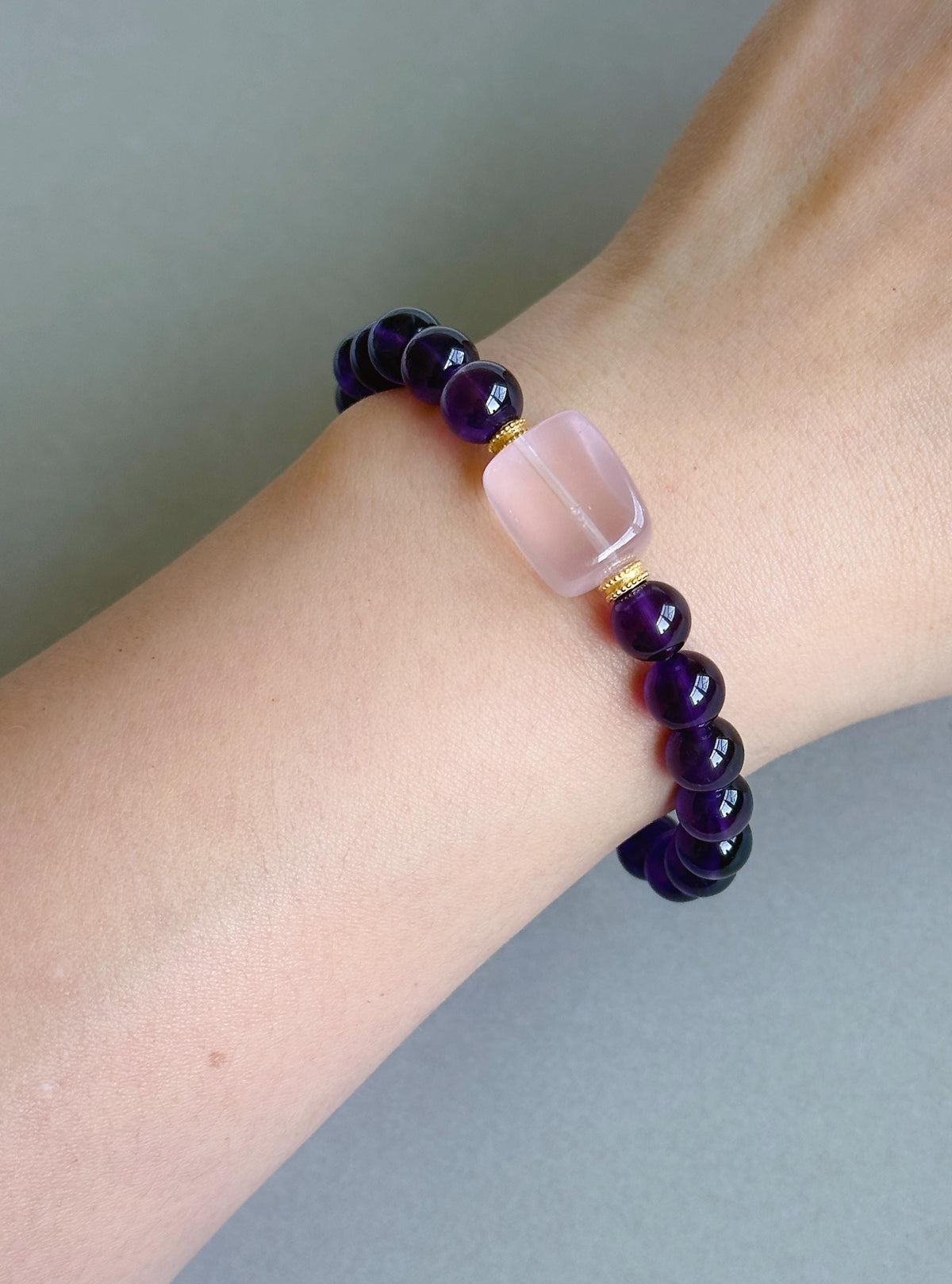 Natural Amethyst & Rose Quartz Bracelet – 7.5 mm Deep Purple Gemstone Beads, Sterling Silver Accents, February Birthstone Jewelry