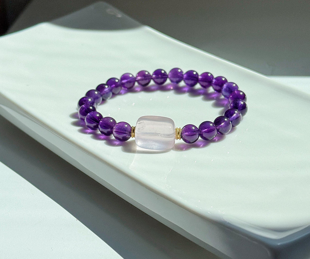 Natural Amethyst & Rose Quartz Bracelet – 7.5 mm Deep Purple Gemstone Beads, Sterling Silver Accents, February Birthstone Jewelry