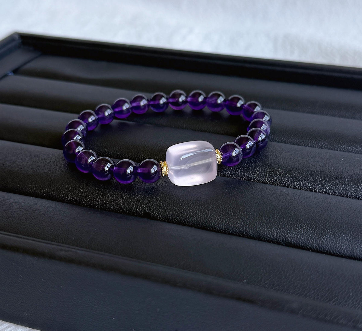 Natural Amethyst & Rose Quartz Bracelet – 7.5 mm Deep Purple Gemstone Beads, Sterling Silver Accents, February Birthstone Jewelry