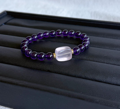 Natural Amethyst & Rose Quartz Bracelet – 7.5 mm Deep Purple Gemstone Beads, Sterling Silver Accents, February Birthstone Jewelry