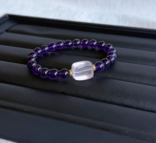 Natural Amethyst & Rose Quartz Bracelet – 7.5 mm Deep Purple Gemstone Beads, Sterling Silver Accents, February Birthstone Jewelry