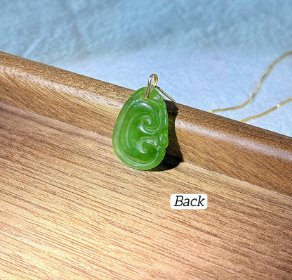 18K Gold Green Nephrite Jade Ruyi Pendant – Carved Jade Necklace | Certified Gemstone | Lucky Charm Gift