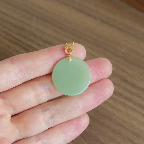 Mint Green Nephrite Jade Round Pendant Necklace | 18K Gold Bail | Natural Certified Jade | S925 Sterling Silver Chain | Fine Jewelry Gift