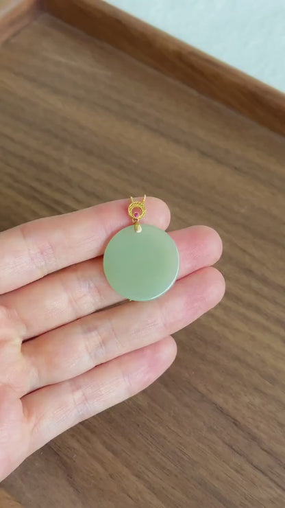 Mint Green Nephrite Jade Round Pendant Necklace | 18K Gold Bail | Natural Certified Jade | S925 Sterling Silver Chain | Fine Jewelry Gift