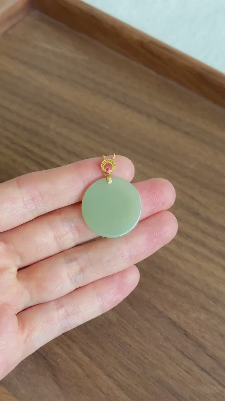 Mint Green Nephrite Jade Round Pendant Necklace | 18K Gold Bail | Natural Certified Jade | S925 Sterling Silver Chain | Fine Jewelry Gift