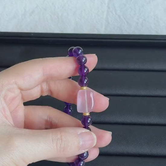 Natural Amethyst & Rose Quartz Bracelet – 7.5 mm Deep Purple Gemstone Beads, Sterling Silver Accents, February Birthstone Jewelry