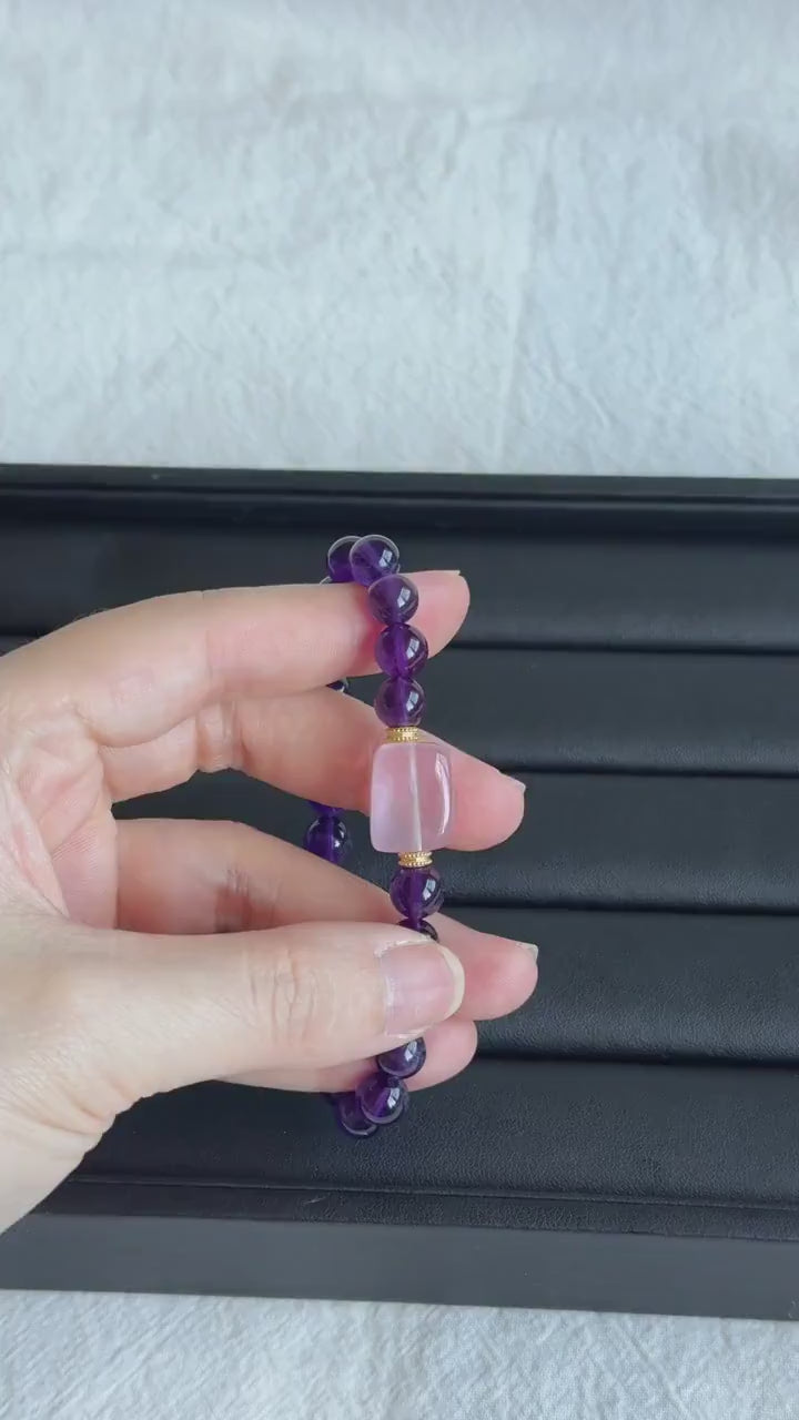 Natural Amethyst & Rose Quartz Bracelet – 7.5 mm Deep Purple Gemstone Beads, Sterling Silver Accents, February Birthstone Jewelry