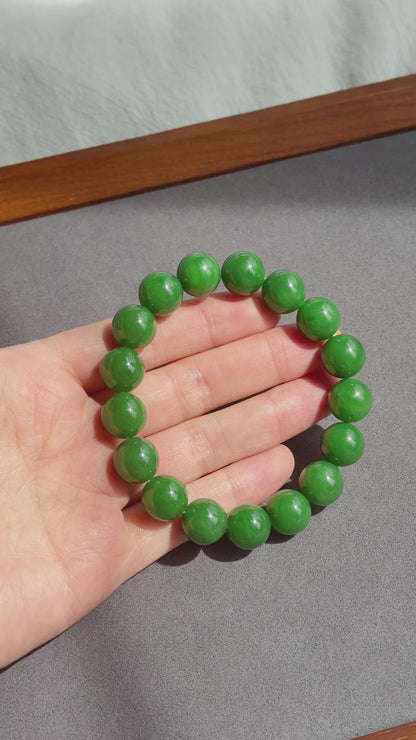 12mm Rich Imperial Green Nephrite Jade Bracelet | Certificate Included | Top-quality Natural Jade | Luxury Statement Jewelry