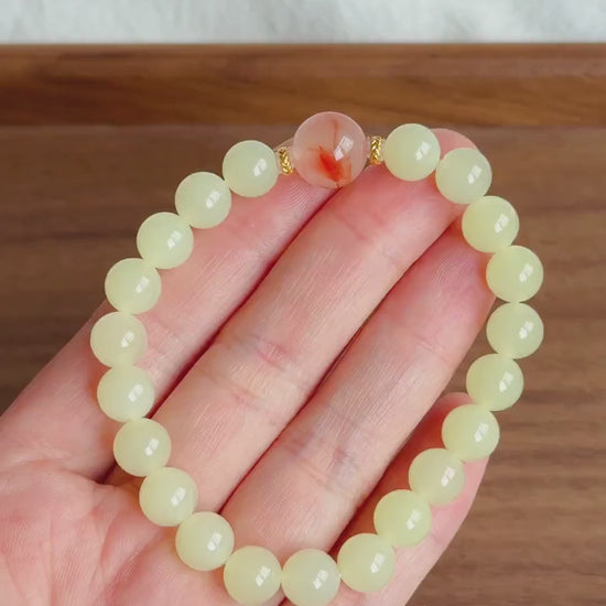7.5mm Natural Creamy Yellow Nephrite Jade Bracelet with Red Agate & 18K Gold | Genuine Fine Jade Jewelry Gift