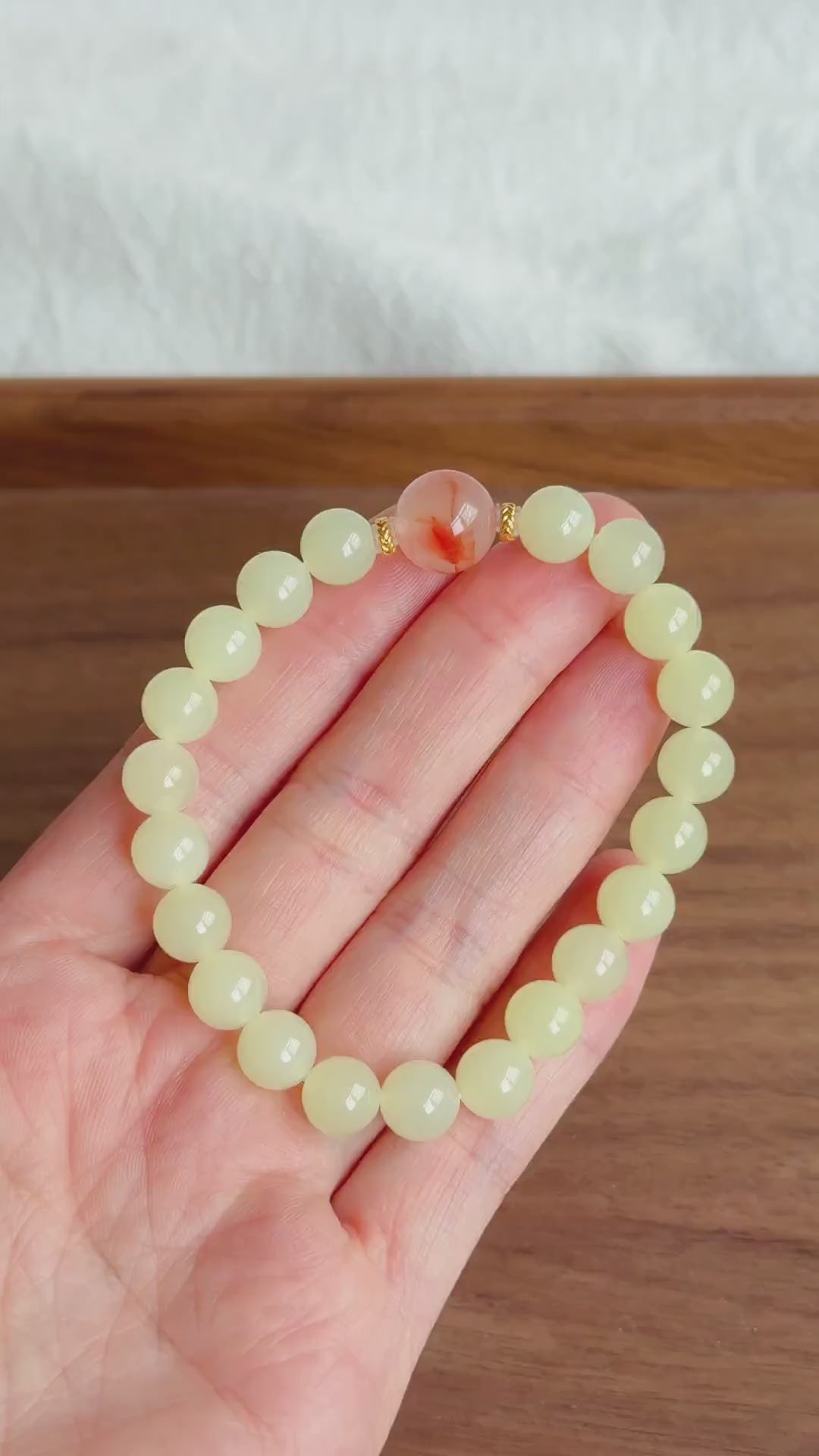 7.5mm Natural Creamy Yellow Nephrite Jade Bracelet with Red Agate & 18K Gold | Genuine Fine Jade Jewelry Gift