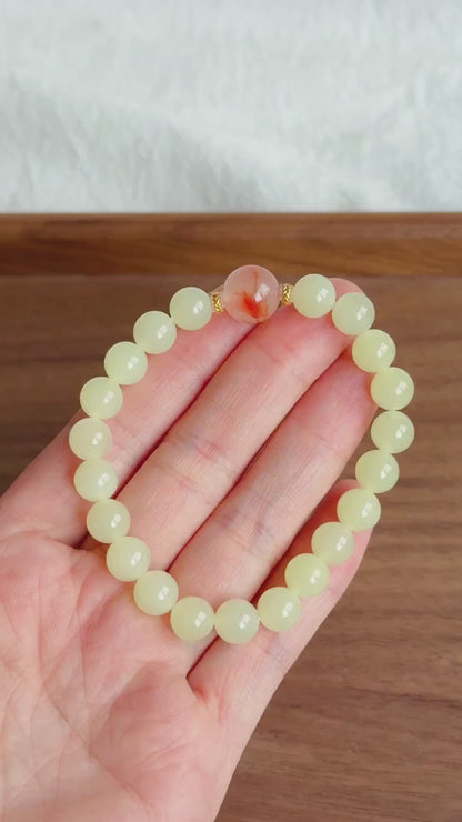 7.5mm Natural Creamy Yellow Nephrite Jade Bracelet with Red Agate & 18K Gold | Genuine Fine Jade Jewelry Gift