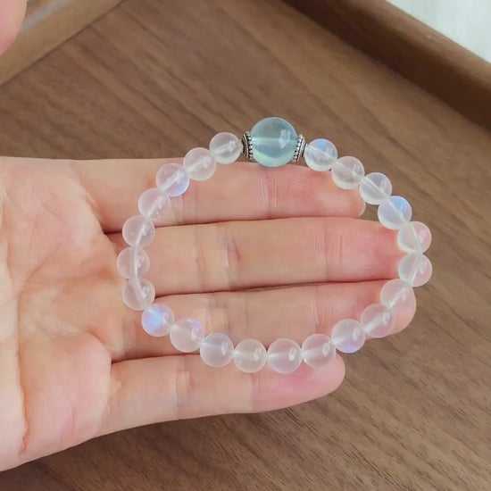 Moonstone & Aquamarine Bracelet | High-Grade Blue Sheen Moonstone 7.5mm | June/March Birthstone | Gift for Her