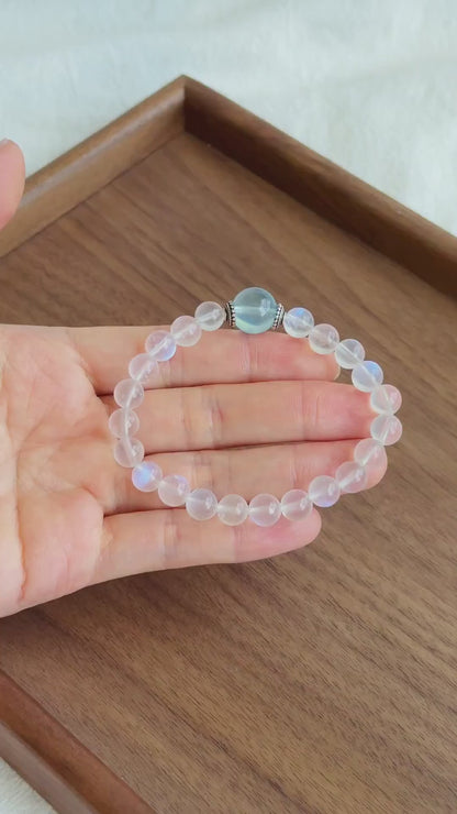 Moonstone & Aquamarine Bracelet | High-Grade Blue Sheen Moonstone 7.5mm | June/March Birthstone | Gift for Her