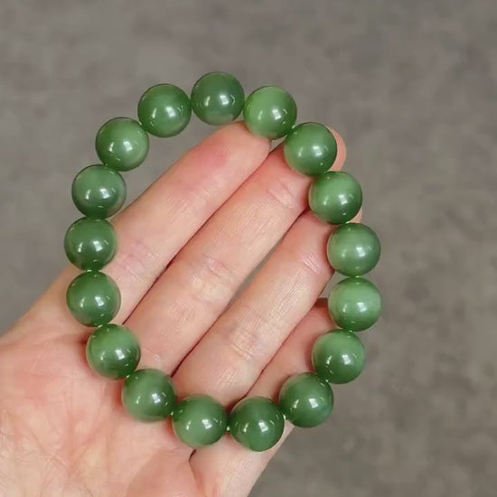 12mm Natural Nephrite Jade Bracelet | Certified Green Jade with Cat’s Eye Effect | Collector Grade Gemstone