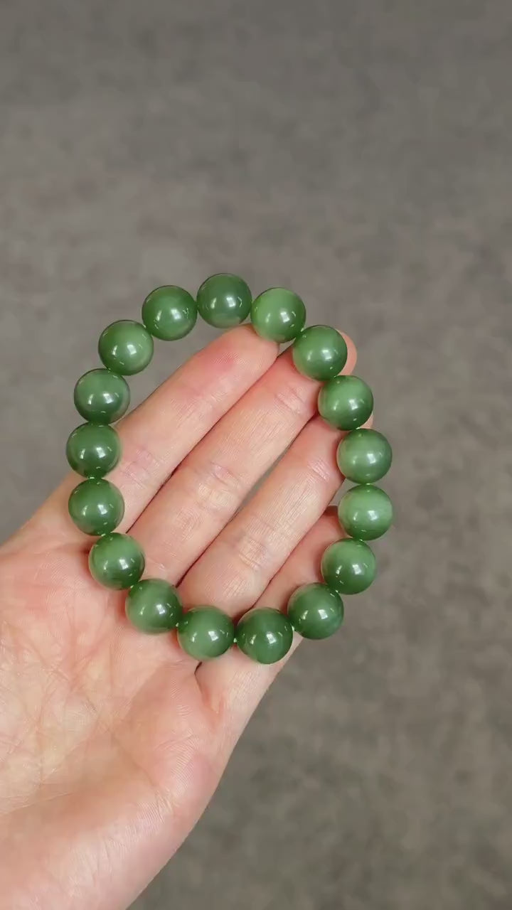 12mm Natural Nephrite Jade Bracelet | Certified Green Jade with Cat’s Eye Effect | Collector Grade Gemstone