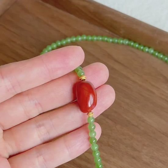 Natural Green Nephrite Jade Necklace 4mm | Red Agate & Freshwater Pearl | Convertible Triple-Wrap Bracelet | Gift for Her