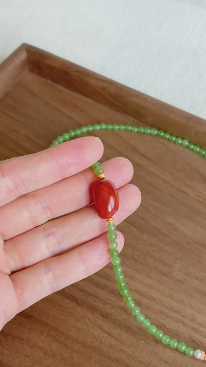 Natural Green Nephrite Jade Necklace 4mm | Red Agate & Freshwater Pearl | Convertible Triple-Wrap Bracelet | Gift for Her