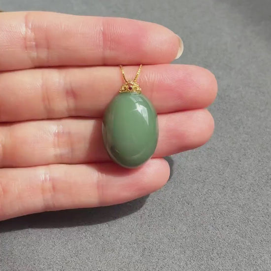 Natural Nephrite Jade Pendant Necklace | Certified Fine Jade | 18K Gold Bail | Soft Green Blue Cabochon | Minimalist Luxury Jewelry Gift