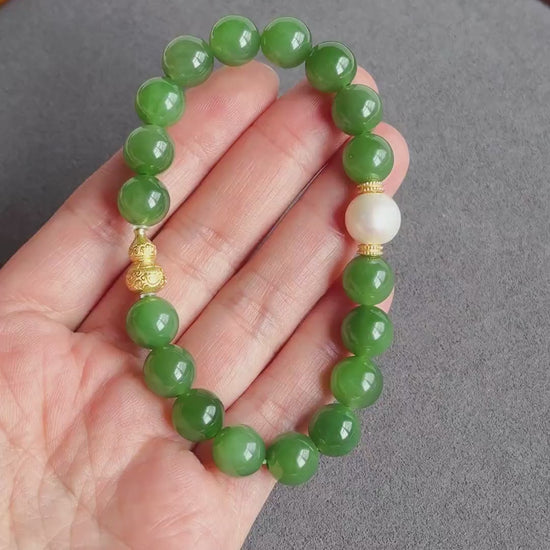Natural Green Nephrite Jade Bracelet 9mm | Freshwater Pearl | S925 Sterling Silver Gourd Charm | Lucky Jade Jewelry