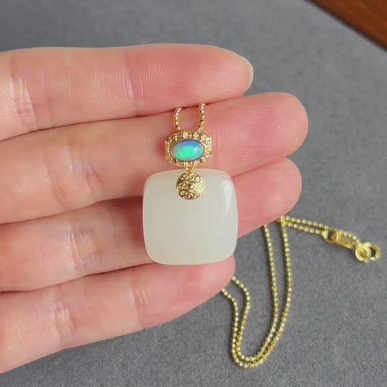 White Nephrite Jade Pendant Necklace | Solid 18K Gold Natural Welo Opal Bail | Fine Jewelry Gift for Her