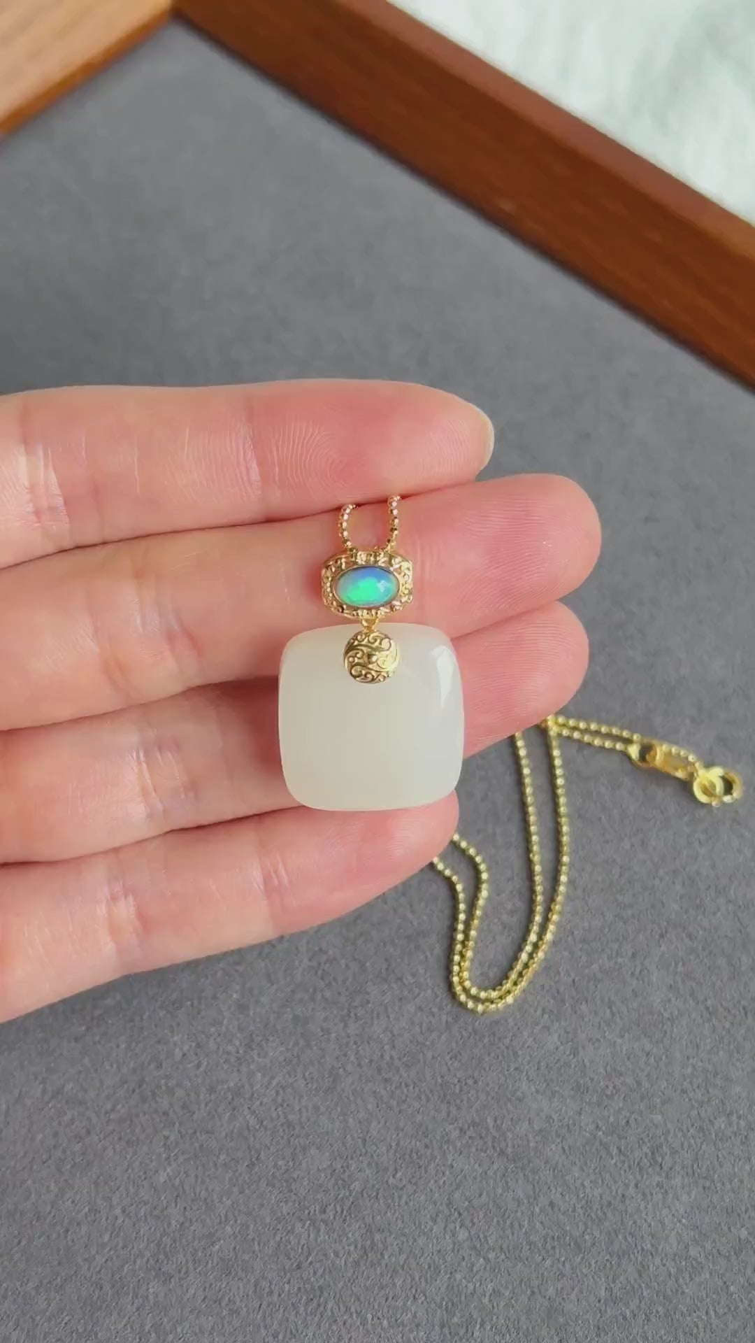 White Nephrite Jade Pendant Necklace | Solid 18K Gold Natural Welo Opal Bail | Fine Jewelry Gift for Her