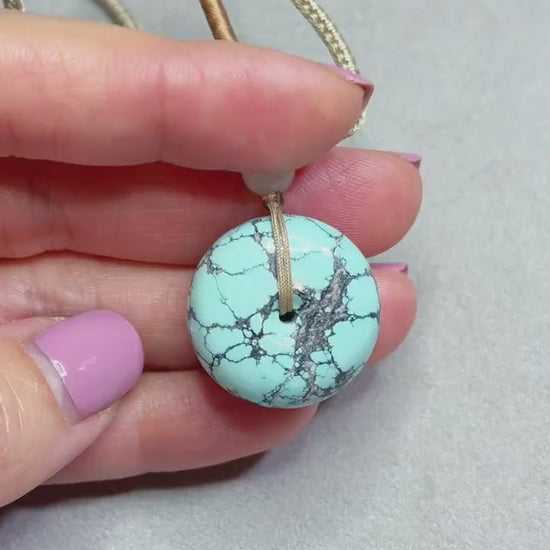 Natural Turquoise Donut Pendant Necklace | Genuine Untreated Turquoise with White Nephrite Jade | Adjustable Cord