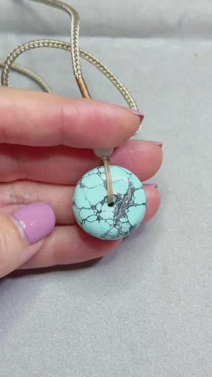 Natural Turquoise Donut Pendant Necklace | Genuine Untreated Turquoise with White Nephrite Jade | Adjustable Cord
