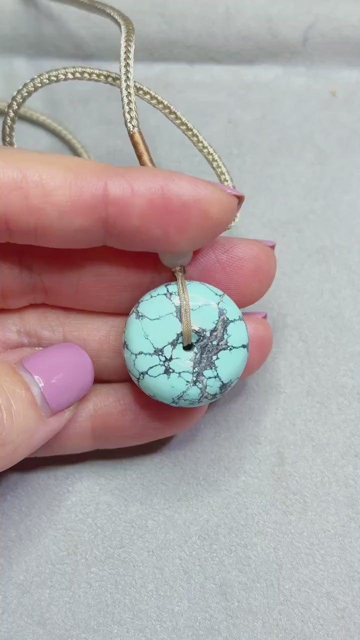 Natural Turquoise Donut Pendant Necklace | Genuine Untreated Turquoise with White Nephrite Jade | Adjustable Cord