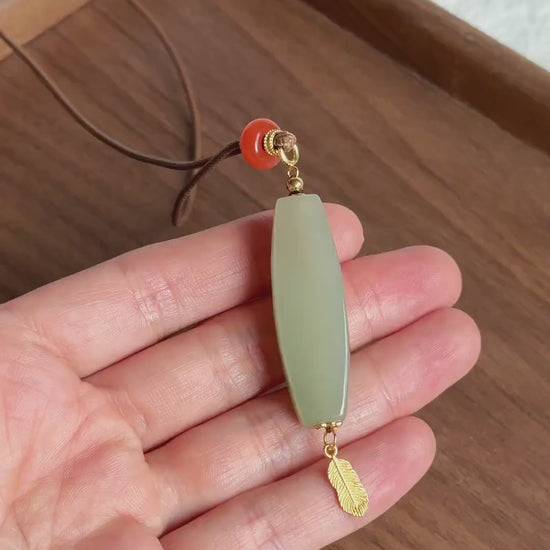 Certified Nephrite Jade Pendant Necklace | Celadon Green | Red Agate and Feather Charm | A One-of-a-Kind Jewelry Gift