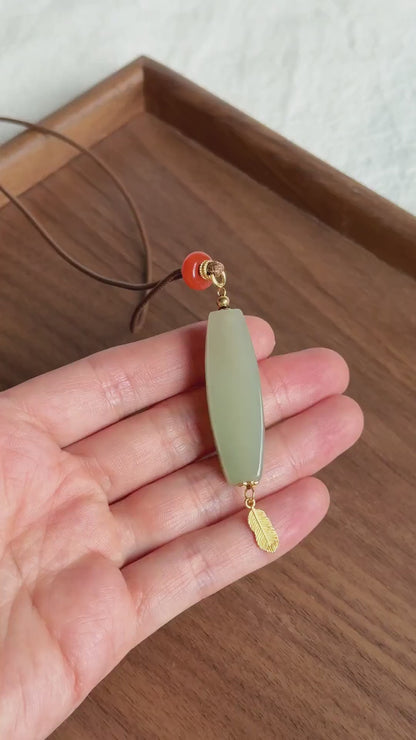 Certified Nephrite Jade Pendant Necklace | Celadon Green | Red Agate and Feather Charm | A One-of-a-Kind Jewelry Gift
