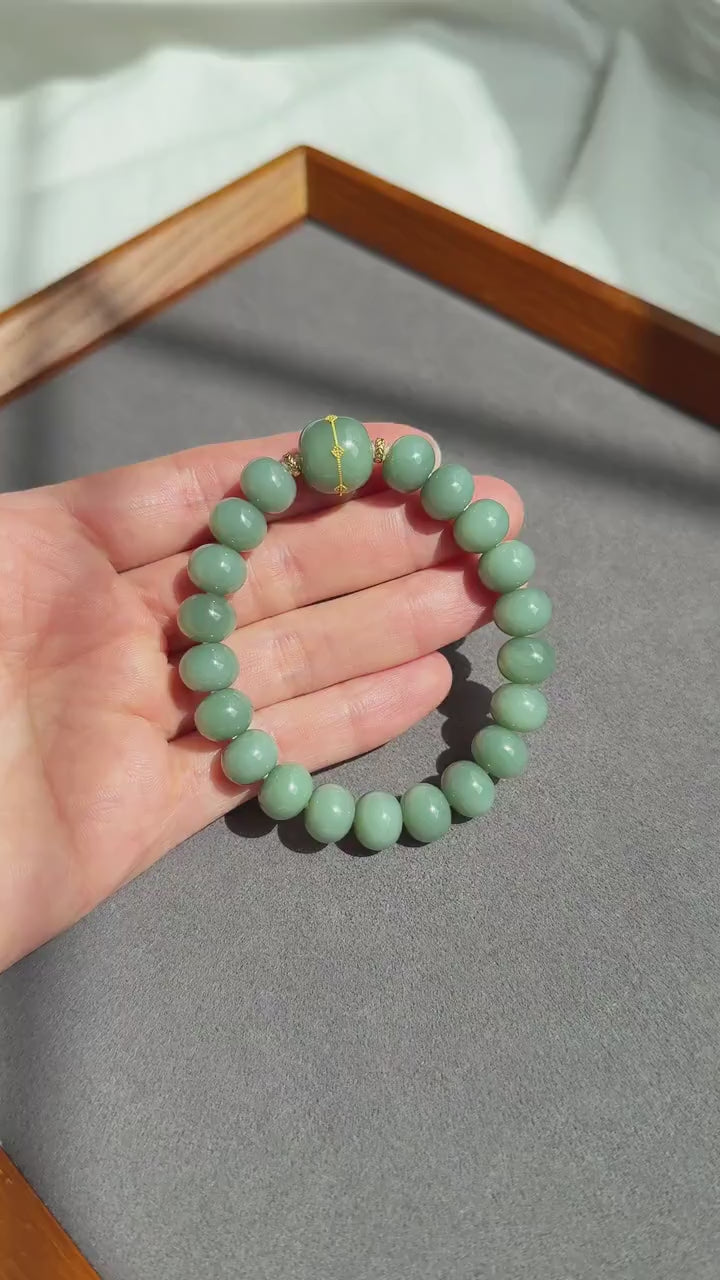 Natural Blue Nephrite Jade Bracelet 8*10mm | 18K Gold Accents | Luxury Fine Jade Gift