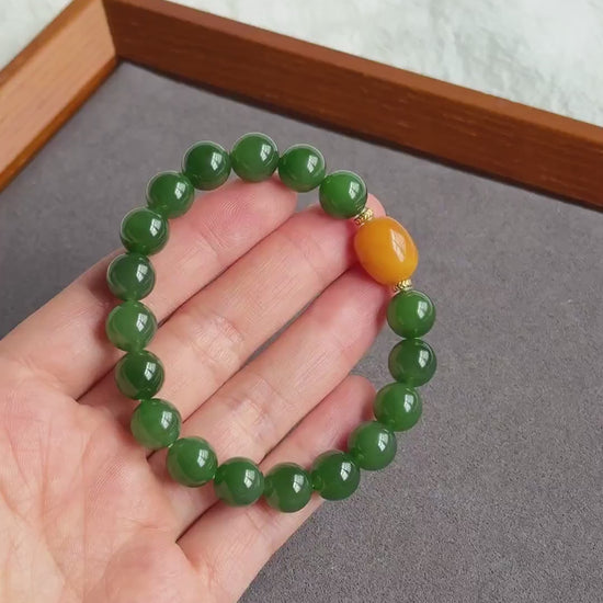 9mm Certified Green Nephrite Jade Bracelet | Baltic Amber Center | 18K Gold Spacers | Luxury Jade Jewelry Gift for Her