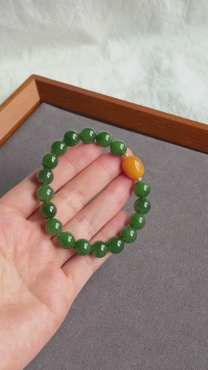 9mm Certified Green Nephrite Jade Bracelet | Baltic Amber Center | 18K Gold Spacers | Luxury Jade Jewelry Gift for Her