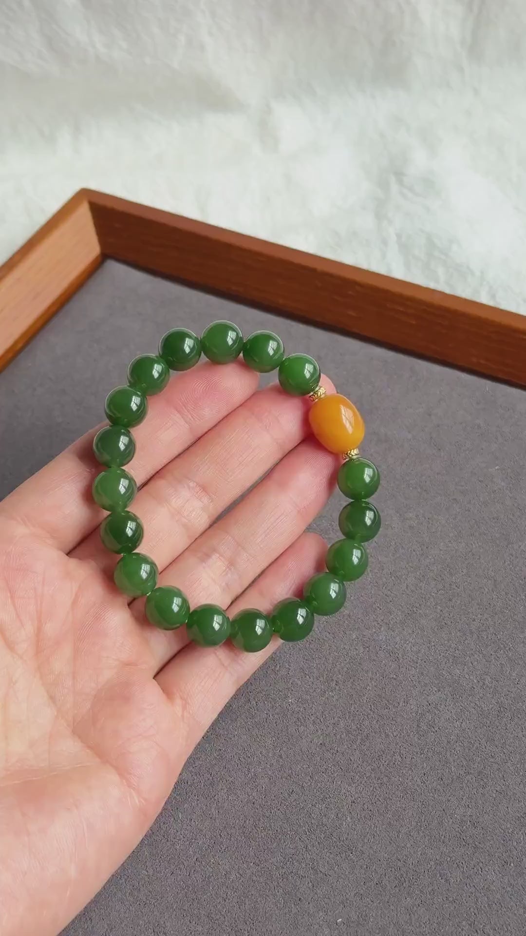 9mm Certified Green Nephrite Jade Bracelet | Baltic Amber Center | 18K Gold Spacers | Luxury Jade Jewelry Gift for Her