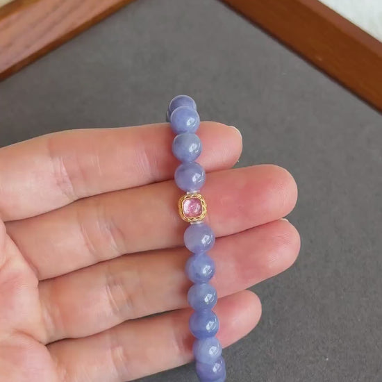 7mm Natural Tanzanite Bracelet | Violet Blue Gemstone Beads | Pink Tourmaline Accent | December Birthstone