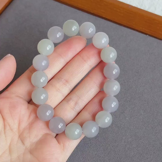 12mm Natural Nephrite Jade Bracelet | Gray Lilac & Soft Green Jade | Rare Pastel Jade Jewelry Gift for Her