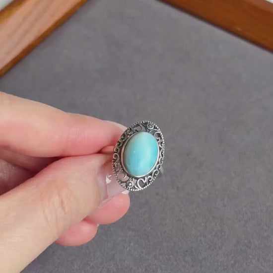 Natural Larimar Ring in S925 Sterling Silver | Adjustable Ring | Vintage Oval Blue Stone Statement Ring | Gift for Her