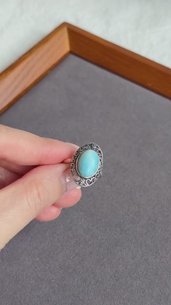 Natural Larimar Ring in S925 Sterling Silver | Adjustable Ring | Vintage Oval Blue Stone Statement Ring | Gift for Her