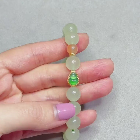 10mm Natural Nephrite Jade Bracelet | 18K Gold Jadeite Gourd & Red Agate Accent