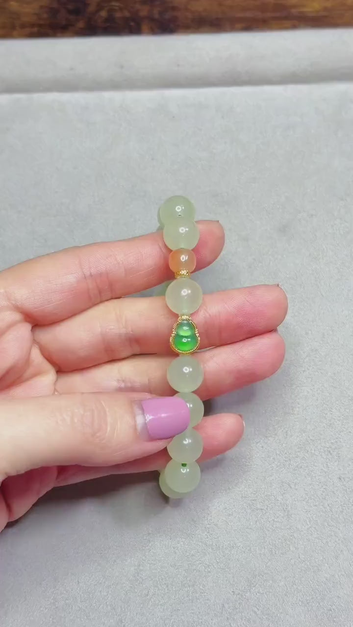 10mm Natural Nephrite Jade Bracelet | 18K Gold Jadeite Gourd & Red Agate Accent