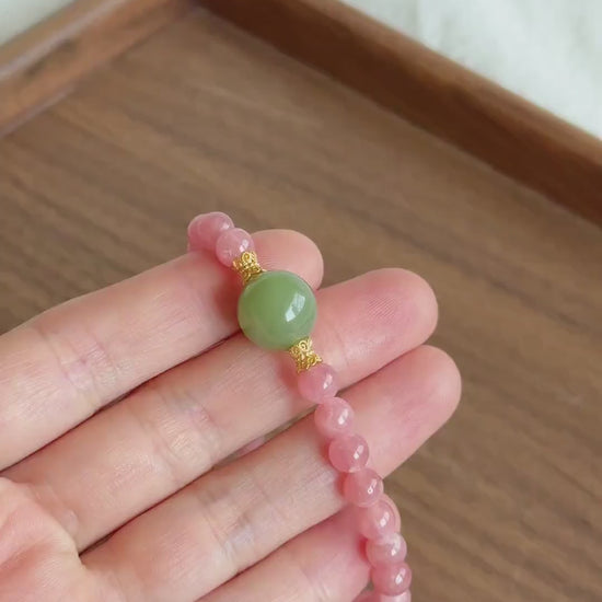 6mm Rhodochrosite Bracelet | Green Nephrite Jade Bead | Dainty Pink Gemstone Bracelet | Gift for Love | Heart Chakra