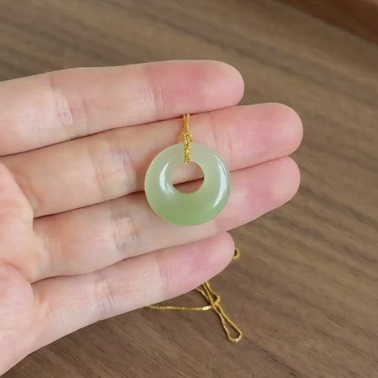 Icy Nephrite Jade Ping An Kou Necklace | Green Jade Donut Pendant | Adjustable Gold-Plated S925 Silver Chain | Dainty Jewelry Gift for Her