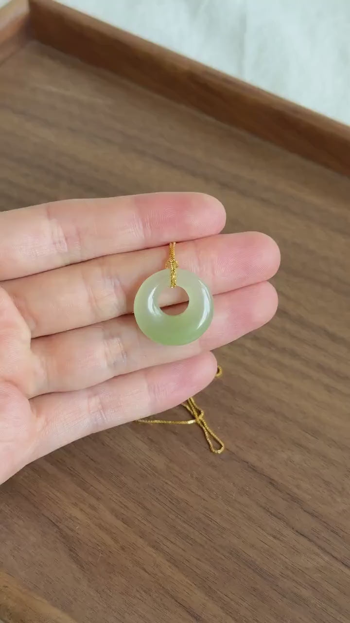 Icy Nephrite Jade Ping An Kou Necklace | Green Jade Donut Pendant | Adjustable Gold-Plated S925 Silver Chain | Dainty Jewelry Gift for Her