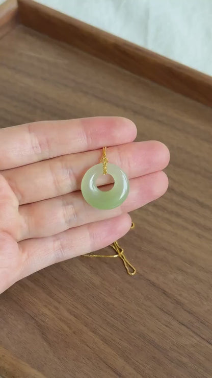 Icy Nephrite Jade Ping An Kou Necklace | Green Jade Donut Pendant | Adjustable Gold-Plated S925 Silver Chain | Dainty Jewelry Gift for Her