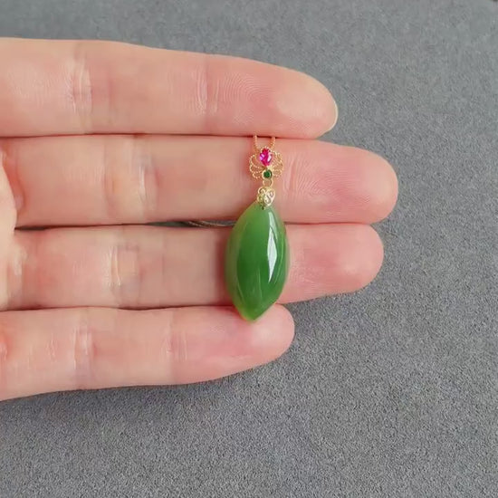 18K Natural Green Nephrite Jade Pendant Necklace | Marquise Jade | Dainty Jewelry Gift for Her