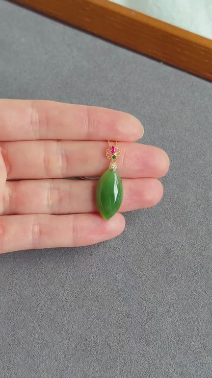 18K Natural Green Nephrite Jade Pendant Necklace | Marquise Jade | Dainty Jewelry Gift for Her